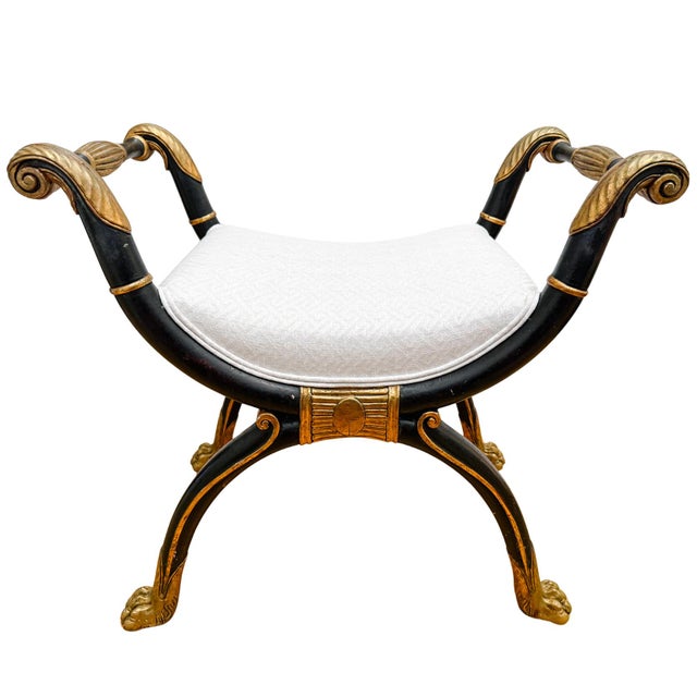 Mid 20th Century Neoclassical Empire Ebonized Bench Lion Paw Feet & Upholstered Seat For Sale - Image 13 of 14