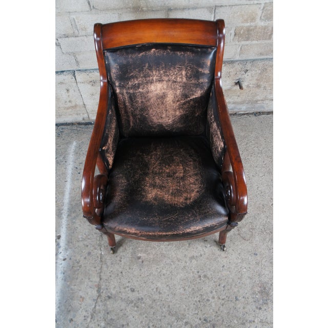 Late 20th Century Late 20th Century Henredon Mahogany Distressed Leather French Empire Regency Club Lounge Armchair For Sale - Image 5 of 12