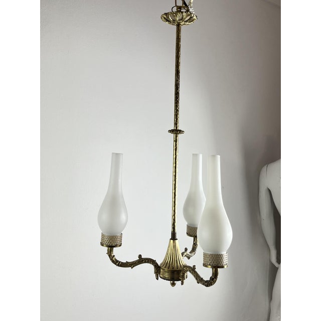 Metal Mid-Century 3-Light Chandelier in Brass and Opaline Glass in the style of Stilnovo, 1950s For Sale - Image 7 of 12
