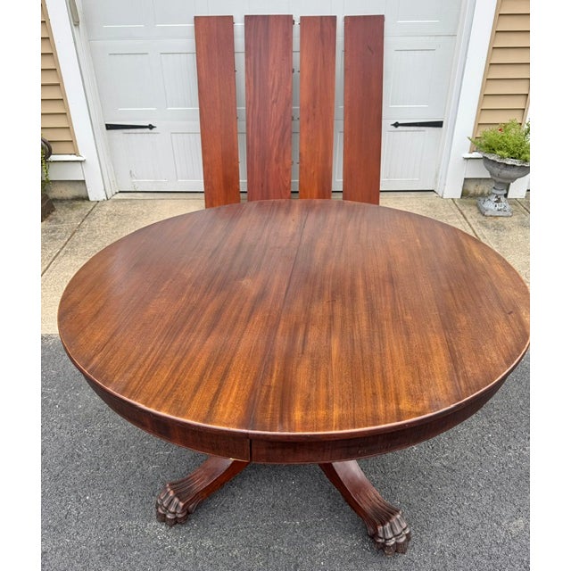 Victorian Antique 54" Round Mahogany Pedestal Base Dining Table With 4 Leaves For Sale - Image 3 of 16