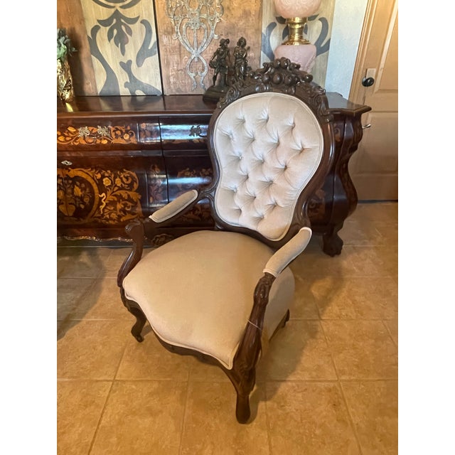 Victorian Revival Carved Wood & Tufted Upholstered Parlor Chairs – Pair For Sale - Image 10 of 12