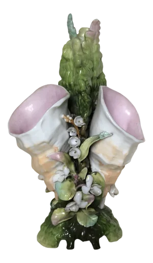 Antique Majolica Naturalistic Seashell & Floral Triple Vase Form Sculpture