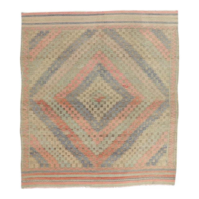 Mid 20th Century Faded Vintage Embroidered Kilim Rug For Sale
