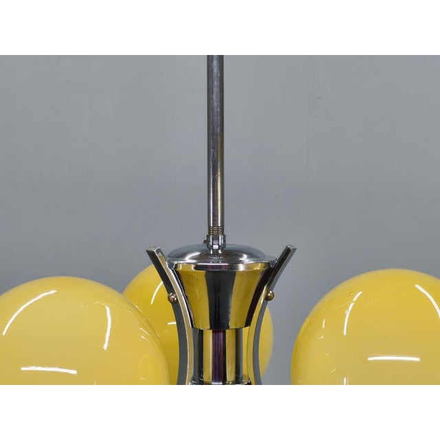 Art Deco Chrome and Opaline Glass Chandelier, Czechoslovakia, 1930s For Sale - Image 6 of 14