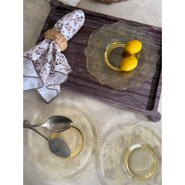 Vintage Attributed to Hazel-Atlas Amber Depression Glass Etched Plates Floral Star Pattern 7 Inch - Set of 4 For Sale - Image 10 of 12