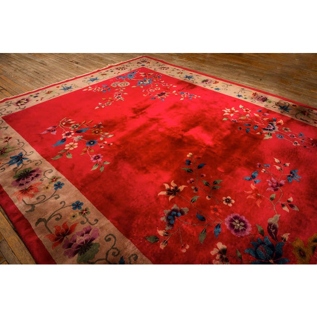 1920s 1920s Antique Red Scarlett Floral Haute Modern Knotted Wool Chinese Art Deco Rug For Sale - Image 5 of 9