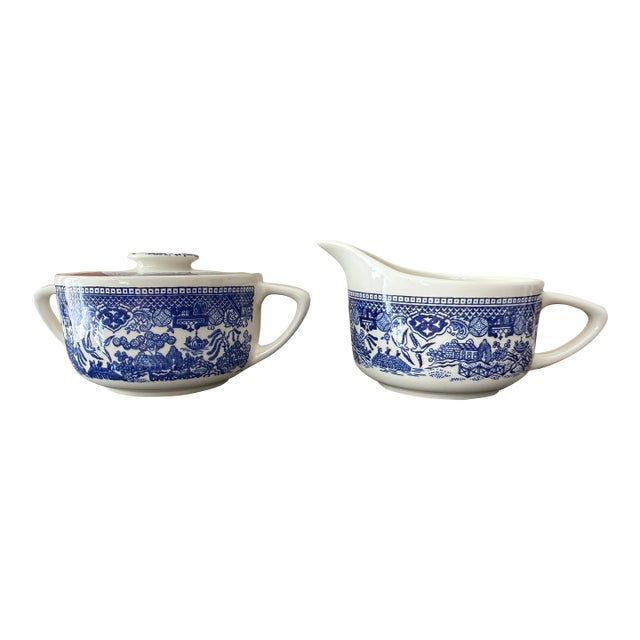 1960s Blue Willow Sugar Bowl With Lid and Creamer For Sale