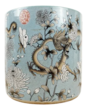 Early 20th Century Chinese Porcelain Da Ya Zhai Sky Blue Dragon Flowers Brush Pot