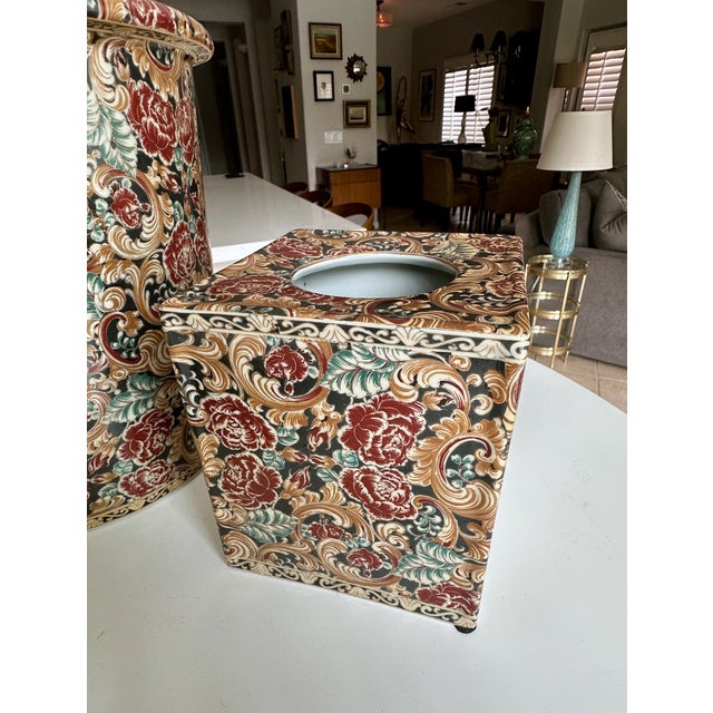 Chinese Bathroom Accessory Set Floral Porcelain Vintage For Sale - Image 11 of 17