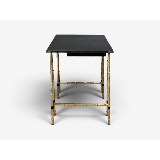 Jacques Adnet Attr., Desk and Folding Chair, Black Leather, Brass, France, 1950s For Sale - Image 15 of 18