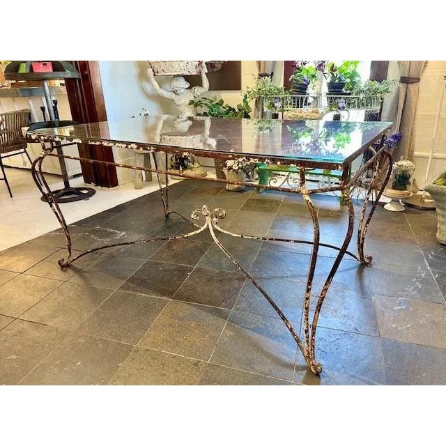 Phenomenal Antique Glass Table Top On Intricate Grate Patterned Surface With White Iron Frame Showing Aging. Found In A...