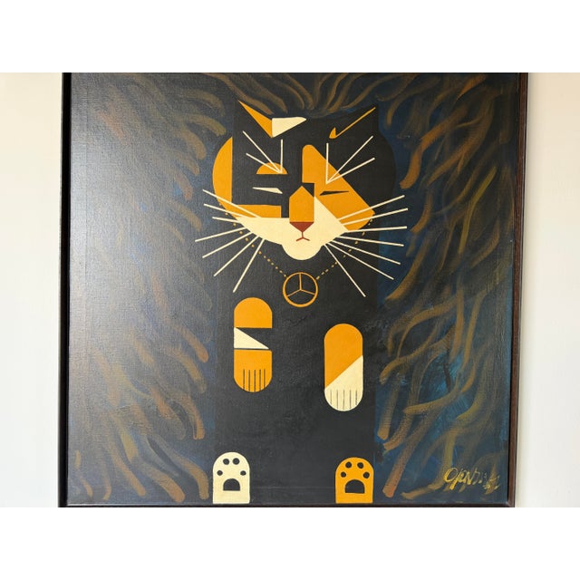 1980s Large Vintage Abstract Geometric Cat Acrylic on Canvas – Framed For Sale - Image 5 of 16