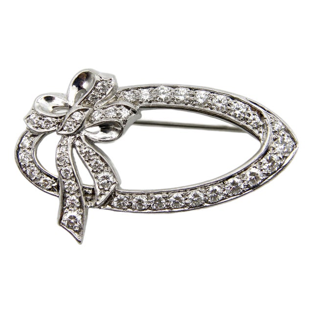 Mid-Century 14k White Gold Diamond Oval Bow Pin For Sale