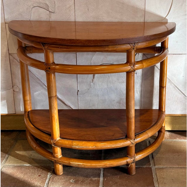 Vintage 1940’s Mid-Century Original Condition Rattan, Bamboo Two Tier Drink Table, Side Table in Rare Demi-Lune Shape, Palm Beach Style For Sale - Image 10 of 12