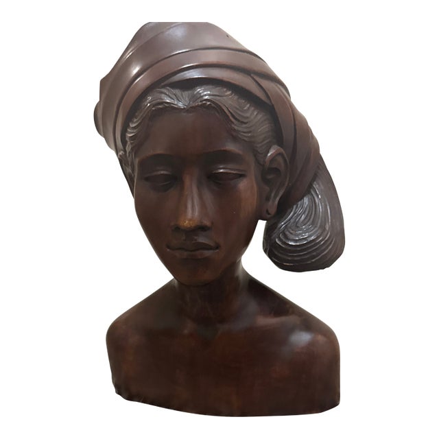 Vintage Art Deco Balinese Woman Bust – Hand-Carved Mahogany Wood Sculpture For Sale