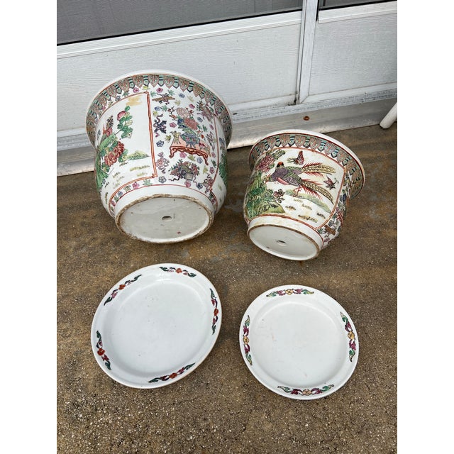 Red Vintage Chinese Famille Rose Porcelain Fishbowl Planters & Saucers - Pair For Sale - Image 8 of 10
