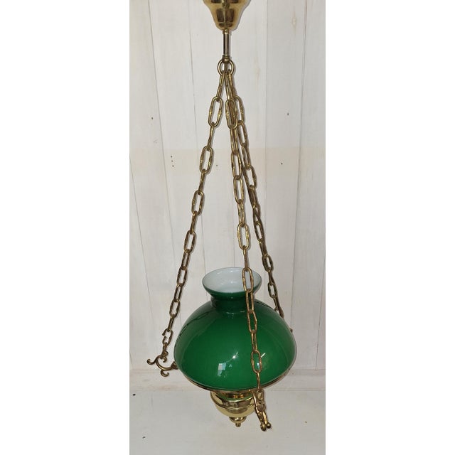 Vintage Rustic German Ceiling Lamp with Brass Frame and Green Glass Shade from Schmöger-Leuchten, 1980s For Sale - Image 4 of 8