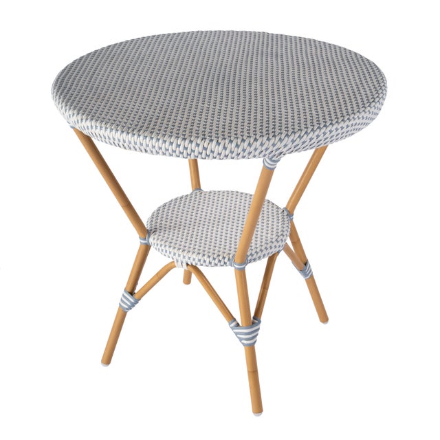 Tobias 30 in. W Outdoor Round Rattan and Metal Bistro Table, Blue/White Dot / Natural Rattan Frame For Sale - Image 9 of 9