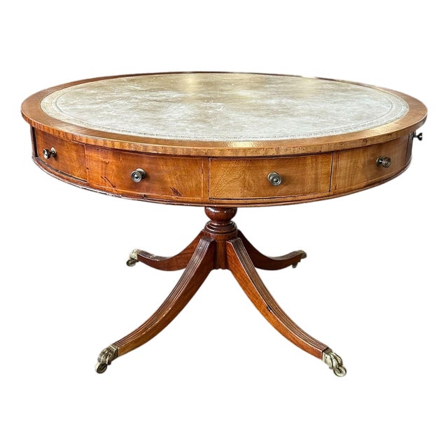 English Georgian Revival Mahogany 48.25" Drum Table With Green Tooled Leather Top, Circa 1900 For Sale