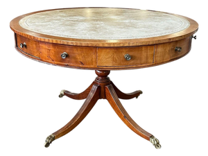 English Georgian Revival Mahogany 48.25" Drum Table With Green Tooled Leather Top, Circa 1900