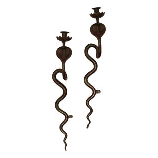 Egyptian Revival Engraved Brass Enameled Cobra Sconces, Set of 2 For Sale