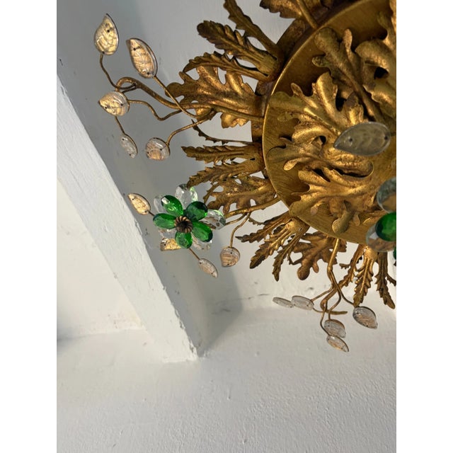 Green Flush Mount Maison Baguès Crystal Green Flowers Leaves Chandelier 9 Lights For Sale - Image 8 of 11