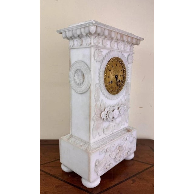 Alabaster Mantel Clock with Floral Decoration For Sale - Image 4 of 6