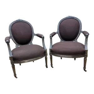 Antique French Louis XVI Style Carved Silver Fauteuil Chairs - Pair