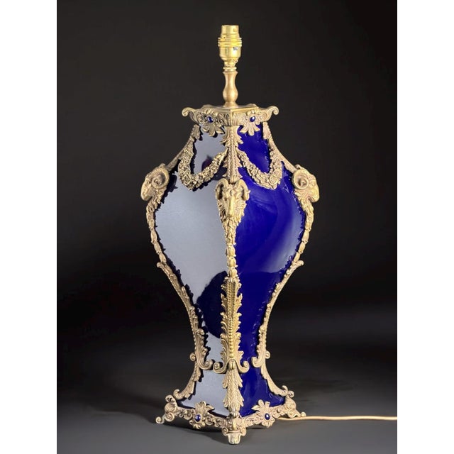 Rococo French Cobalt Glass and Ormolu Table Lamp with Ram Heads in the style of Sèvres, 1920s For Sale - Image 3 of 14