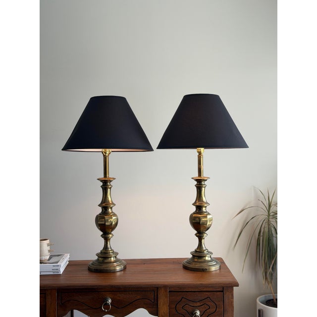 Vintage Stiffel Brass Neoclassical Baluster Table Lamps With Black Empire Shades - a Pair For Sale - Image 11 of 12
