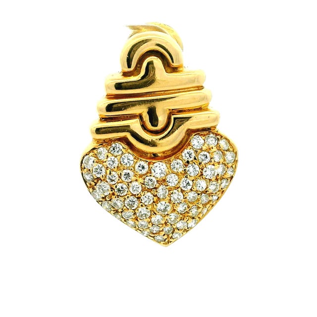 Vintage Italian 18k Gold Diamond Pavé Heart Omega Back Earrings, A Pair For Sale - Image 12 of 16