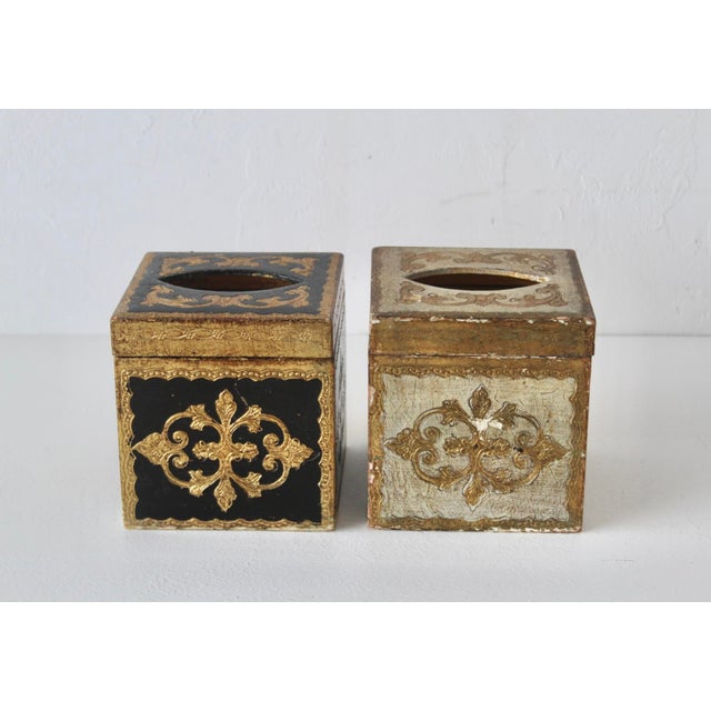 Wood Vintage Hand-Made Italian Florentine Tissue Box Cover Gold White Black Mid-Century- A Pair For Sale - Image 7 of 11