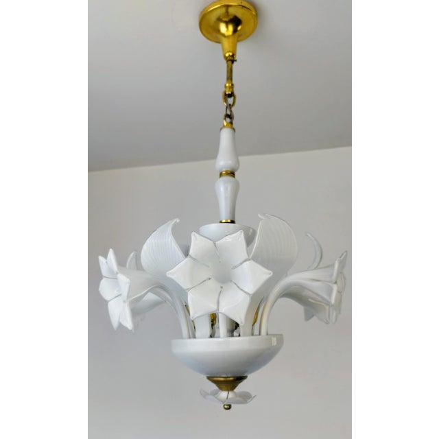 Vintage Italian White Murano Styled Calla Lilly Chandelier Brass Lighting 1970s For Sale - Image 11 of 17