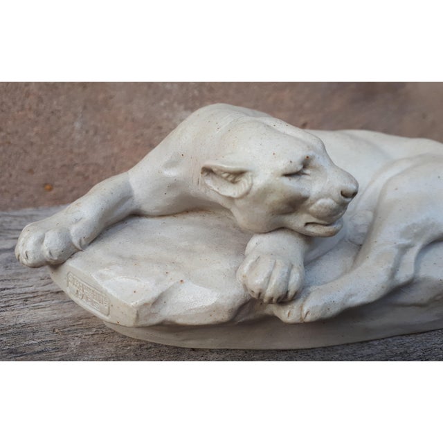 Sculpture of Lying Lioness in Enamel & Stoneware by Clovis-Edmond Masson, 1890s For Sale - Image 3 of 18