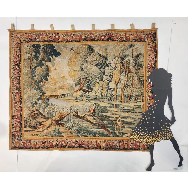 Beautiful and colorful French vintage tapestry depicting a wooded river landscape with plants and flowers, beautiful...