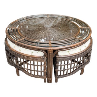 Vintage Rattan Round Glass Top Coffee Game Table With 4 Cushioned Stools For Sale