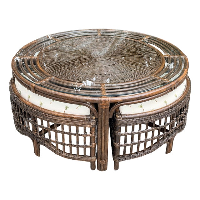 Vintage Rattan Round Glass Top Coffee Game Table With 4 Cushioned Stools For Sale