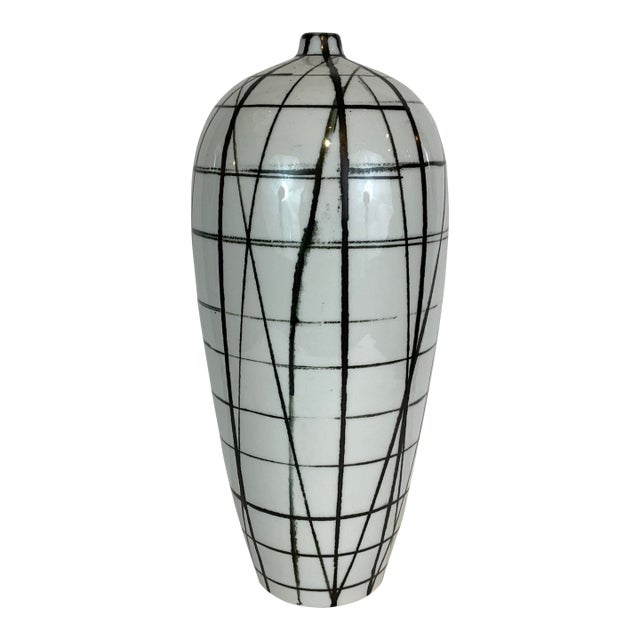 Currey & Co. Modern Black & White Glaze Tall Linear Vase For Sale