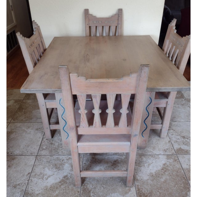 Late 20th Century Late 20th Century Ernest Thompson Southwest Dining Table & 4 Chairs – Hand-Painted Solid Wood Set For Sale - Image 5 of 12