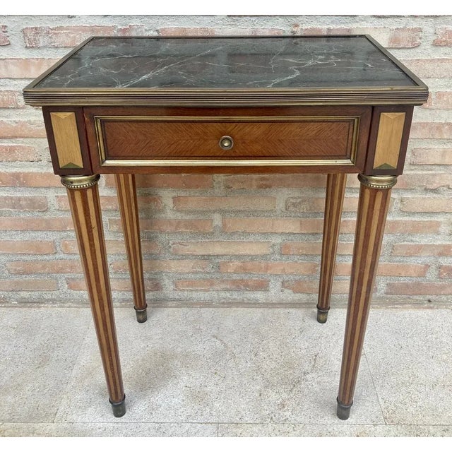 Neoclassical Mahogany Side Table with Fluted Legs and Green Marble, 1920s For Sale - Image 12 of 12