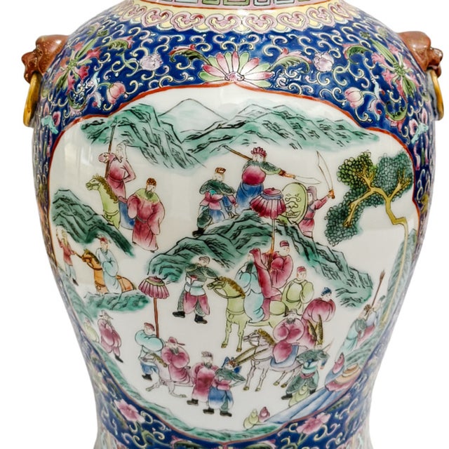 Mid 20th Century Monumental 21" Chinese Famille Rose Medallion Porcelain Palace Jars With Foo Dog Lids For Sale - Image 9 of 14
