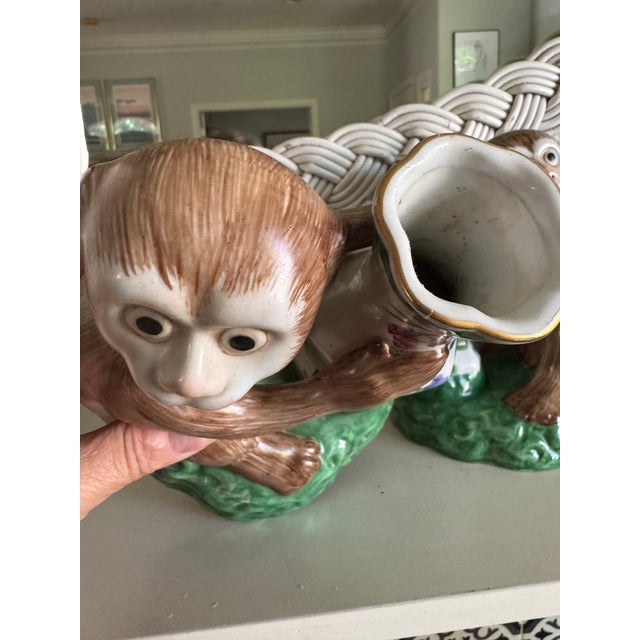 Antique Pair of Early Export Chinoiserie Ceramic Monkey Vase/Candlestick Holders For Sale In San Francisco - Image 6 of 12