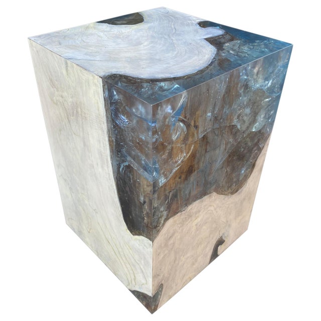 2010s Andrianna Shamaris Aqua Resin and Teak Wood Side Table For Sale - Image 5 of 18