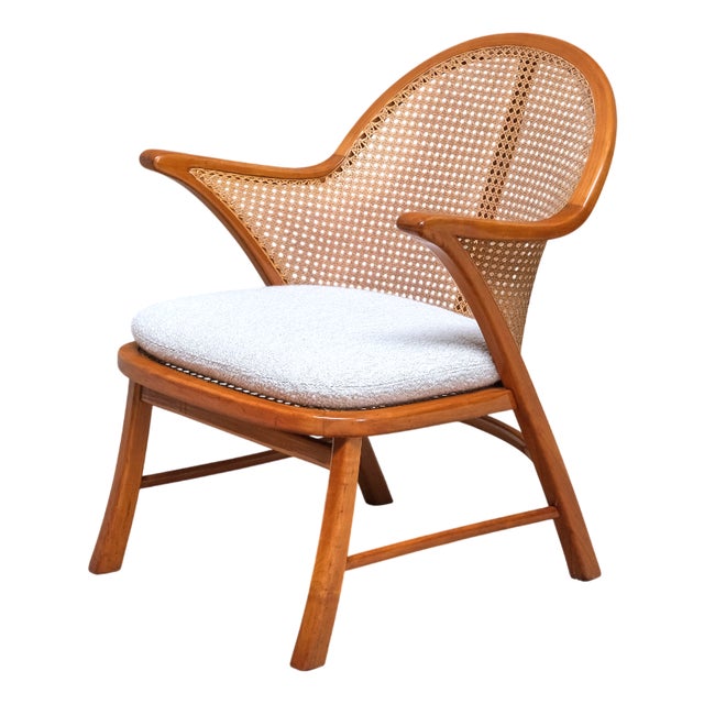 Vintage Armchair in Cherry Wood and Cane and Bouclé by Frits Schlegel, Denmark, 1940s For Sale