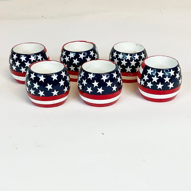 Vintage Americana Arts & Crafts Boho Chic Painted Wood Flag Motif Napkin Rings - Set of 6 - 4th of July For Sale - Image 13 of 14