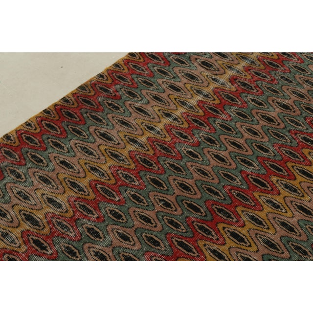 1960s Vintage Distressed Zeki Müren Rug in Red, Gold, Blue, Pink Retro Pattern For Sale - Image 4 of 7
