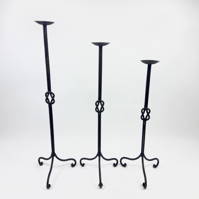 Hand Forged Iron Candelabra Set of 3 (78-98cm) Antique Copper Double Stem with Hercules Knot Detail For Sale - Image 9 of 9