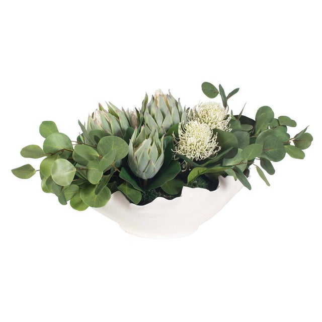 2020s Protea Blooms White Bowl Centerpiece For Sale - Image 5 of 9