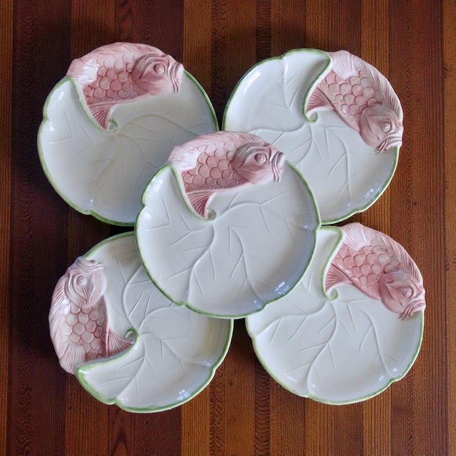 Ceramic Large Vintage Hand-Painted Majolica Plates with Fish Design from Chaumette Paris, 1950s, Set of 5 For Sale - Image 7 of 7