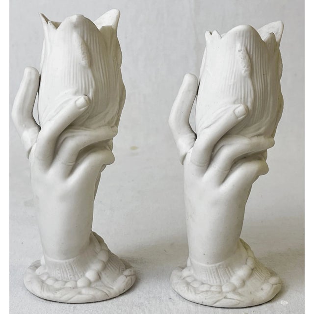 Late 19th Century 19th Century Victorian Royal Copenhagen Style Parian Ware Porcelain Hand Vases- a Pair For Sale - Image 5 of 12